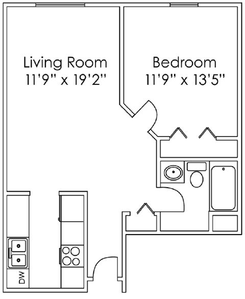 Floor plan for 1 bed, 1 bath, 621 sqft